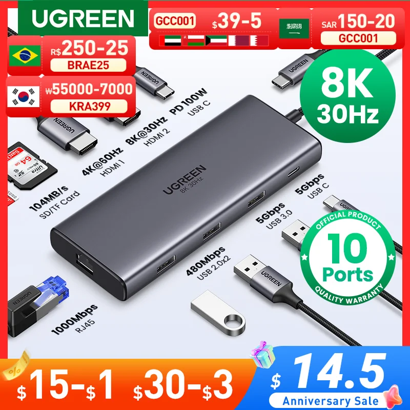 UGREEN USB 허브 C 허브 HDMI 어댑터 4K USB C to USB 3.0 100W Dock for MacBook Pro 액세서리 USB-C 유형 C 3.1 분배기 USB C 허브