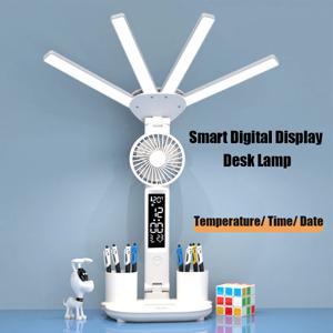 다기능 테이블 램프, USB 충전식 책상 조명, 선풍기 달력 시계 포함, 3 인 1, 4 헤드 접이식, 3 색 독서 램프