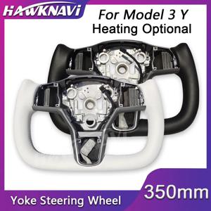 Hawknavi 테슬라 모델 3 모델 Y용 요크 베어 스티어링 휠, 가죽 화이트 블랙 히팅 옵션, 350mm