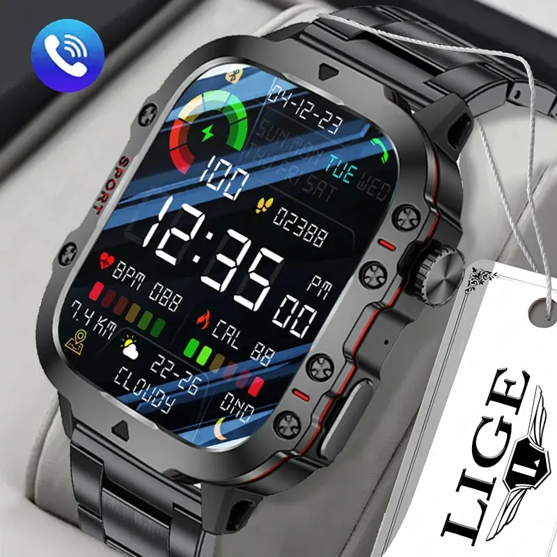 LIGE 남성용 블루투스 통화 음성 어시스턴트 시계, 스포츠 피트니스 방수 스마트워치, 1.96 인치 화면, 420 MAh, 스마트 워치 신제품