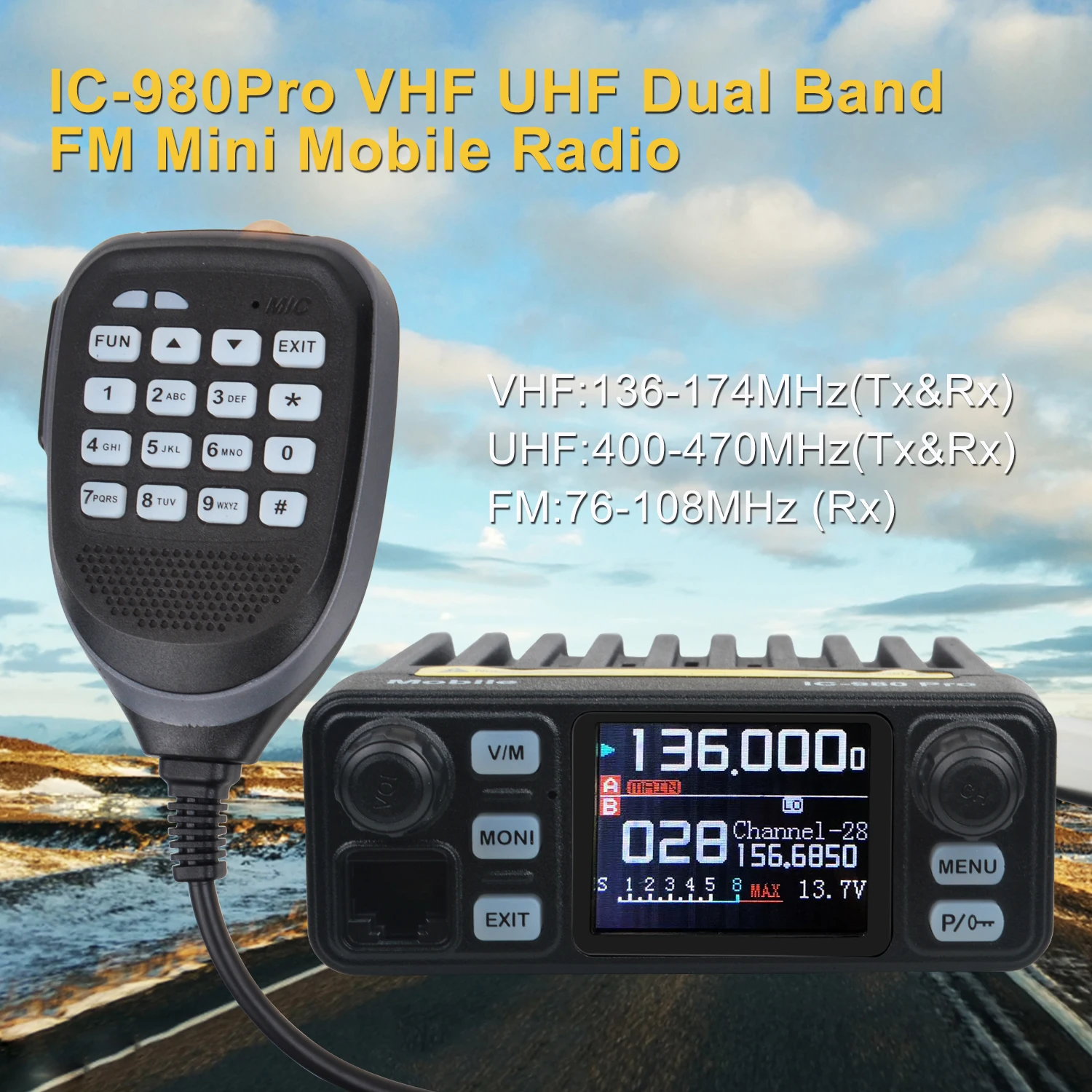 히로야스 워키토키 IC-980Pro, VHF UHF 듀얼 밴드 듀얼 워치, 소음 감소 미니 FM 복스 스크램블러, 모바일 라디오, 25W, 200Ch
