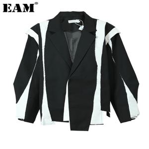 [EAM] 여성용 블랙 불규칙 컬러 블록 블레이저, 빅 사이즈 라펠 긴팔 재킷, 패션 타이드 용수철, 가을 2024, 1DF3080