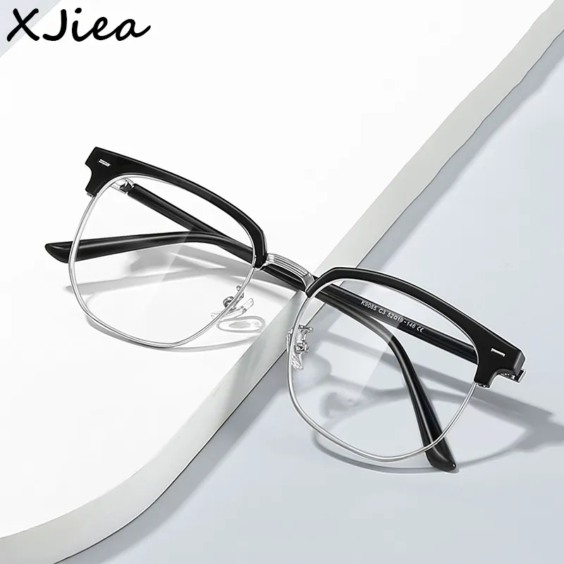 XJiea 2024 포토크로믹 안티 블루 라이트 안경, 남성용 패션 직사각형 세미 무테 안경, 여성용 사무실 컴퓨터 고글