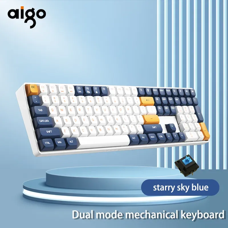 AliExpress Collection Aigo A108 게임용 기계식 키보드, 무선 USB C타입, 유선 노란색 스위치, 110 키, 핫 스왑, 충전식 게이머 키보드, 2.4G