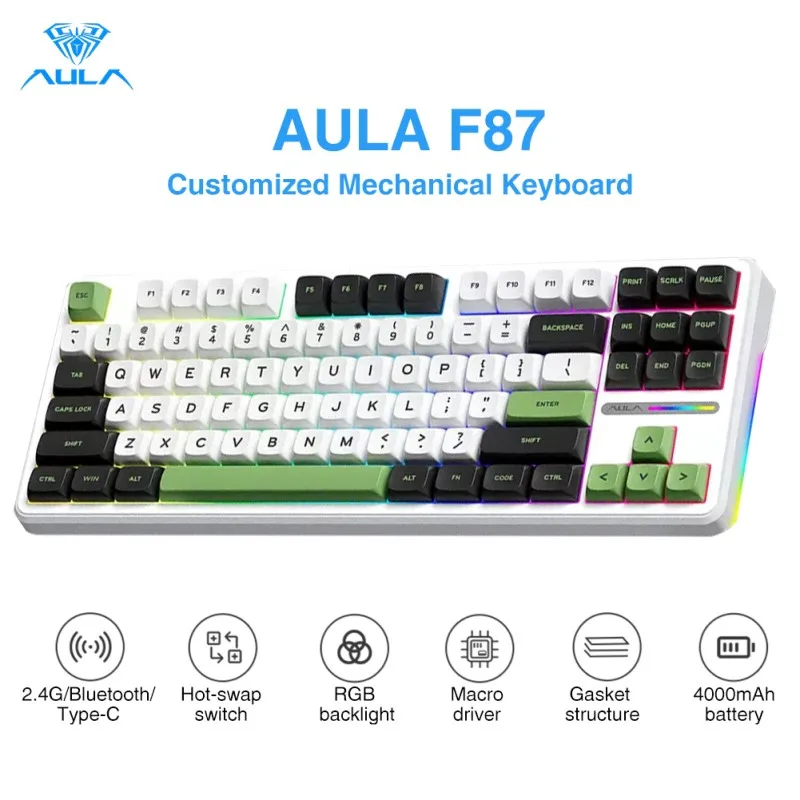 AULA F87 기계식 키보드, 3 가지 모드, 2.4G, USB, 블루투스, 트라이 모드, 무선 게임용 키보드, 87 키 핫스왑 RGB 개스킷 키보드