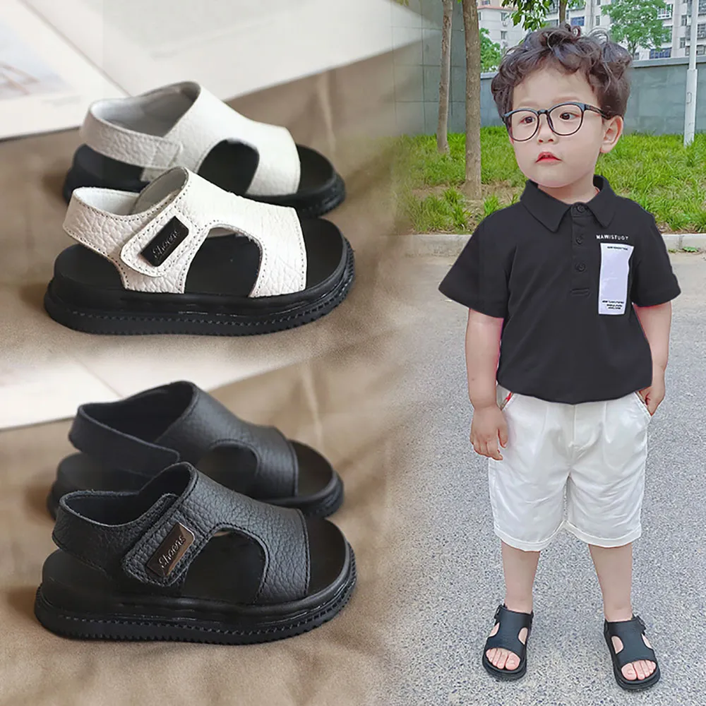 남아용 여름 비치 샌들, PU 가죽 미끄럼 방지 소프트 밑창 어린이 신발, 한국 스타일 2024 패션
