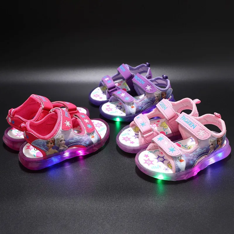 디즈니 여름 어린이 샌들 냉동 공주 엘사 안나 어린이 샌들 LED 라이트 비치 핑크 퍼플 신발 크기 21-31