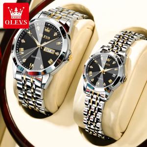 OLEVS 커플용 시계, 다이아몬드 아날로그 쿼츠, 야광 방수 날짜, 럭셔리 스테인레스 스틸, 남성 시계, 비즈니스 세트