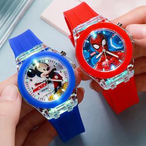 디즈니 스파이더맨 시계 어린이용 야광 시계, 귀여운 실리콘 미키 다채로운 조명 시계, 여아용 선물