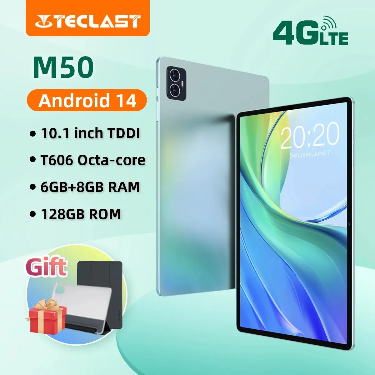 Teclast M50 안드로이드 14 태블릿, T606, 8 코어, 6GB + 8GB RAM, 128GB ROM, 10.1 인치, Incell 완전 적층 4G 네트워크, GPS Widevine L1, 8mm 슬림