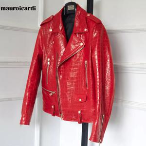 Mauroicardi 봄 빨간색 악어 패턴 인조 가죽 바이커 재킷, 긴팔 지퍼, 플러스 사이즈 디자이너 남성 의류, 4xl 5xl