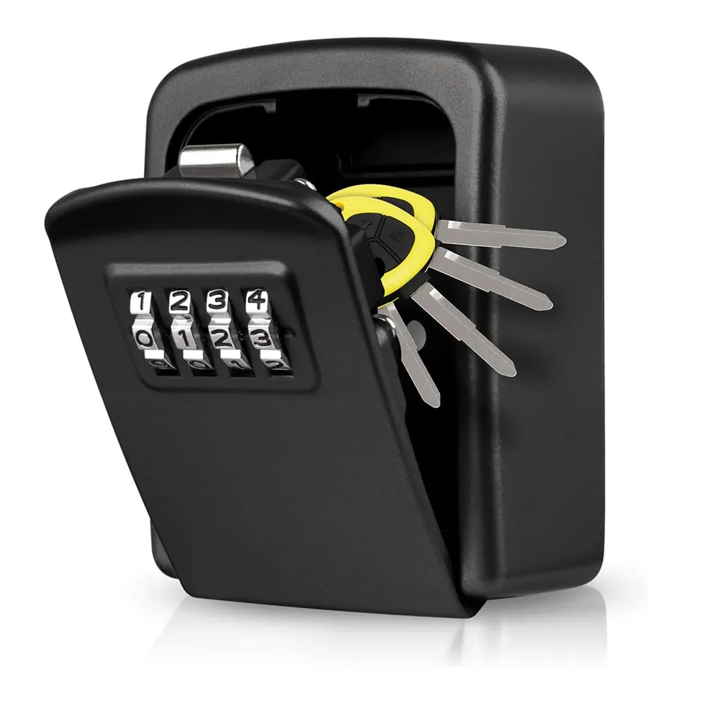 블랙 메탈 키 잠금 상자, 야외 벽 장착 키 홀더, 정리함, 4 자리 조합, 암호 보안 잠금, 저장 비밀 상자