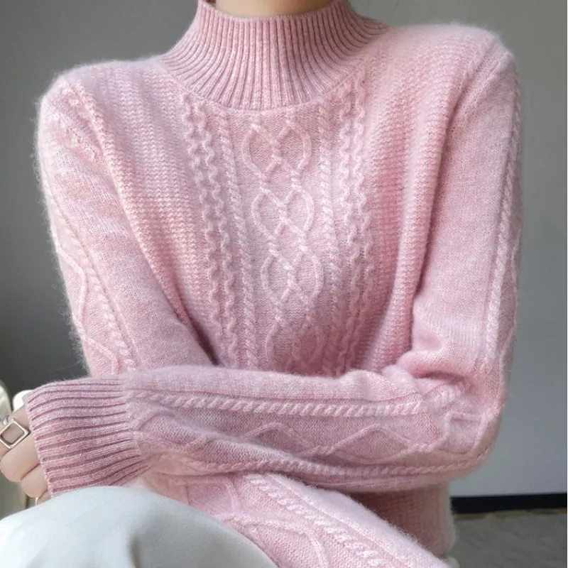 여성용 따뜻한 캐시미어 스웨터, 루즈 라지 사이즈 상의, 하프 터틀넥 니트 보터밍 셔츠, 2023 가을 및 겨울 신상