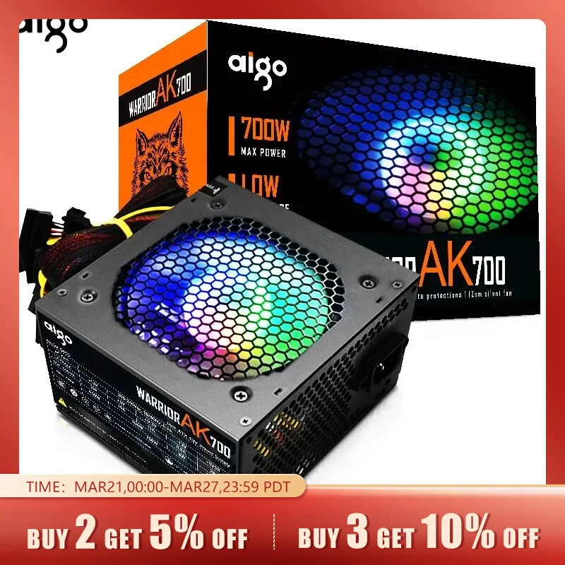 Aigo AK 700W PC PSU 전원 공급 장치, BTC용 데스크탑 컴퓨터 전원 공급 장치, 게임용 저소음 블랙 RGB 선풍기, 24 핀, 12V ATX, 120mm