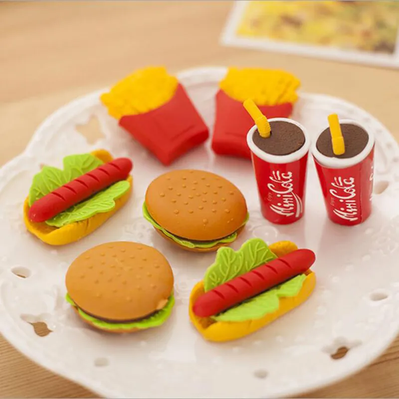 도매! 귀여운 귀여운 케이크 햄버거 음식 음료 콜라 지우개 세트, 문구 학교 사무실 지우개 용품, 과일 어린이 선물