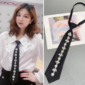 Retro Black Solid Neck Ties Student White Shirts for Women Crystal Rhinestones Bow Ties Casual Trendy Wedding Party Necktie