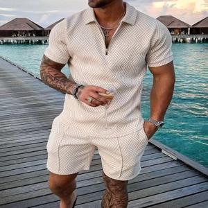 여름 패션 남성 의류 3D 인쇄 단색 폴로 셔츠와 반바지 2 개 세트 트렌드 지퍼 운동복 세트 대형 티셔츠