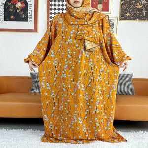 2023 무슬림 여성 후드 아바야 터키 아프리카 면화 기도복, 카프탄 히잡 꽃 프린트 두바이 사우디 로브, 라마단