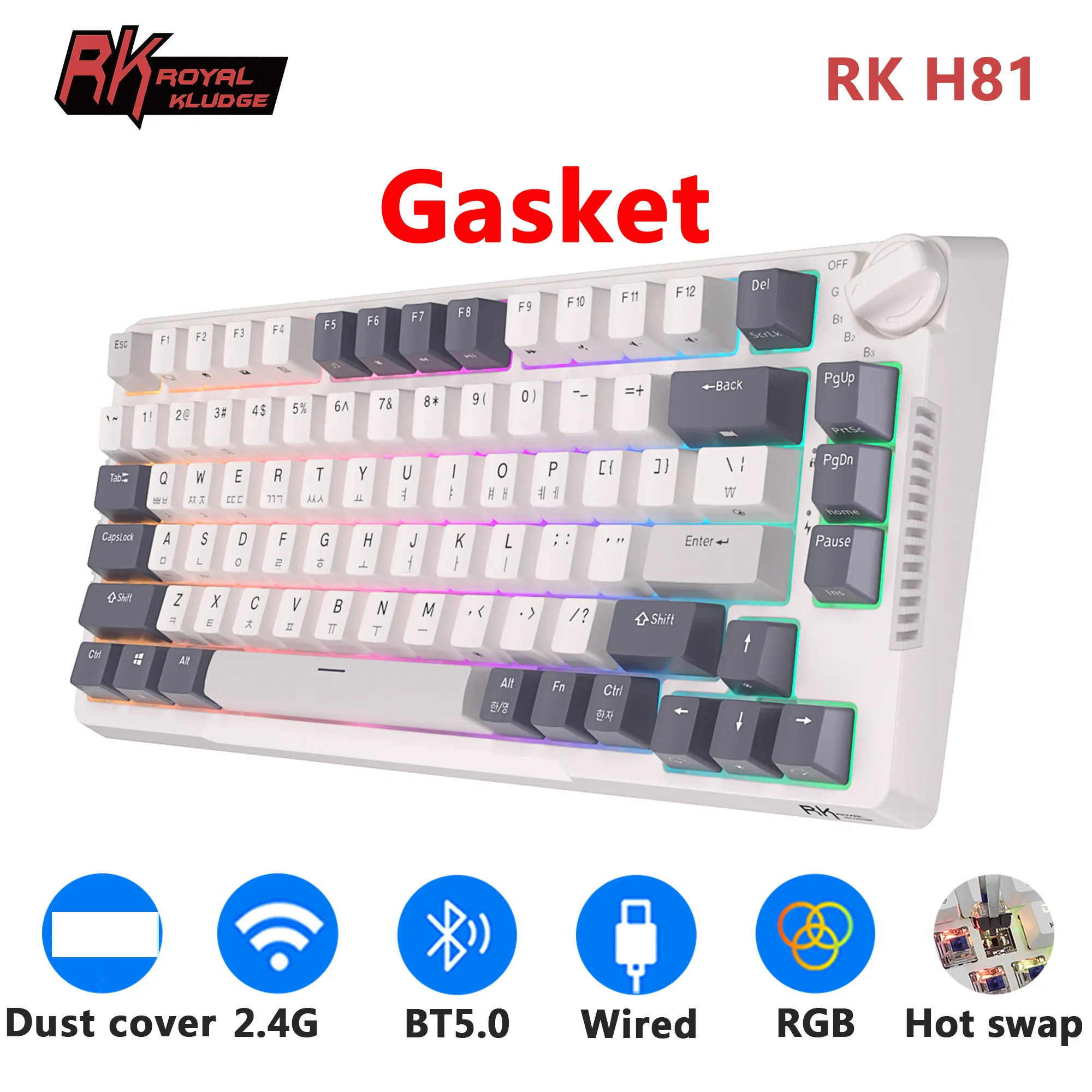 RK H81 Royal Kludge 개스킷 구조 한국어 3중 모드 기계식 키보드 81 키 80% RGB 백라이트 2.4G 무선 블루투스 핫스왑 가능 게이머 키보드(더스트 커버 포함)