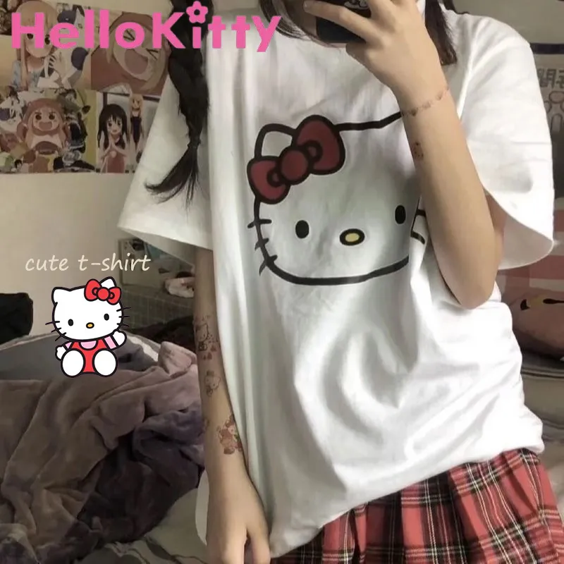 헬로 키티 티셔츠 코튼 반팔 보우 요소, 오버사이즈 루즈한 코튼 프린트 통기성 티셔츠, 만화 애니메이션 소녀 하트