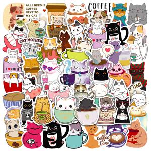 멋진 인기 만화 애니메이션 고양이 커피 스티커 팩, 스케이트보드 기타 장식, 노트북 그래피티 데칼, 도매, 10 개, 30 개, 50 개