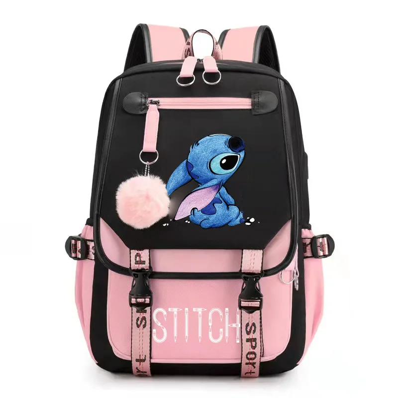 디즈니 스티치 모칠라 여성 배낭 USB 충전 학교 가방, 십대 소녀 소년 노트북 백팩, 여성 여행 백팩