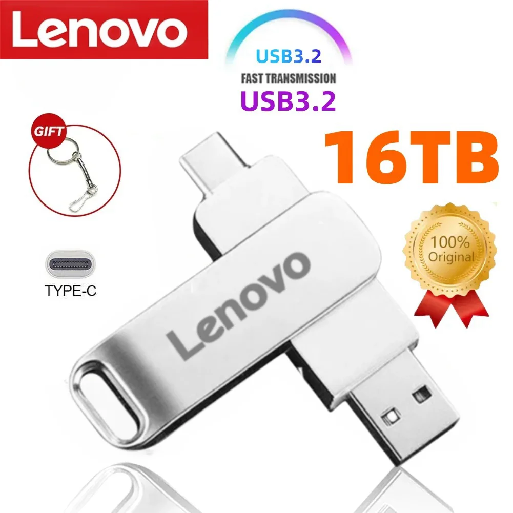 레노버 USB 3.2 플래시 드라이브, 고속 전송, 금속 펜드라이브 메모리 카드, 펜드라이브 플래시 디스크, 방수 스틱 2024, 16TB