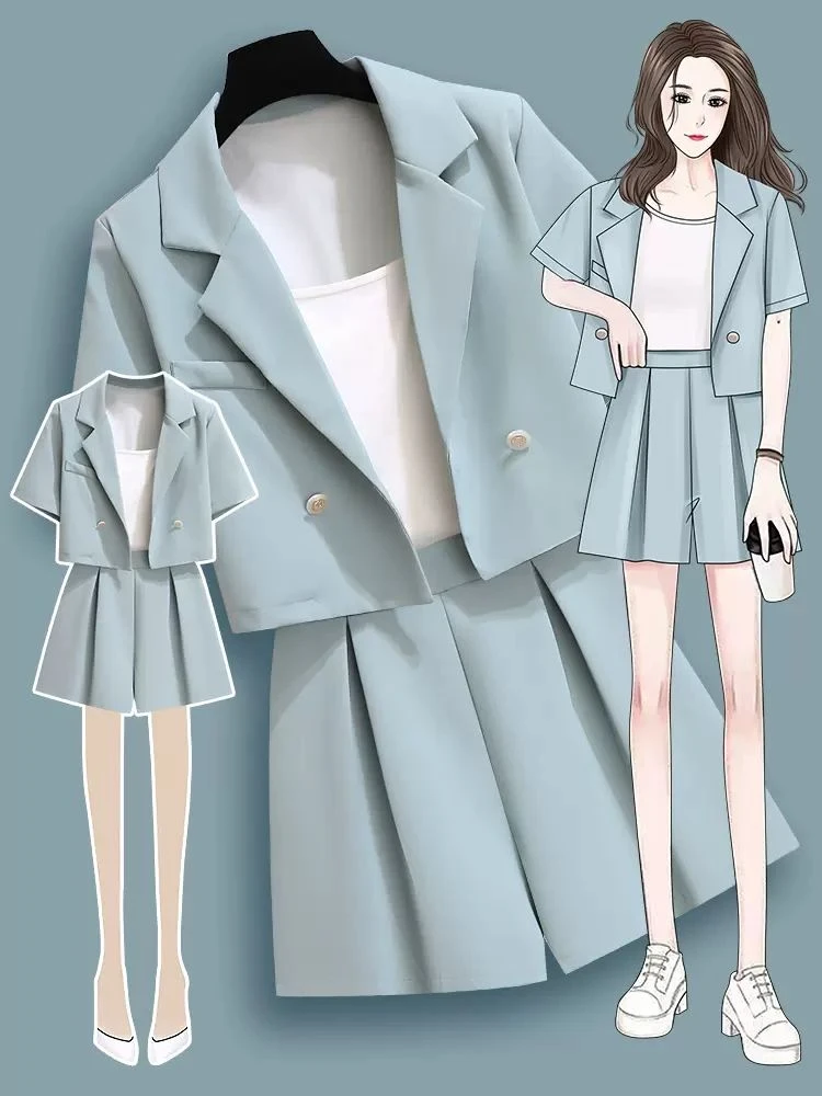 우아한 여성 여름 2024 새로운 몸집이 작은 양복 투피스 세트 전문 의류 드라이 런 반바지 하이 엔드 패션 하우스웨어