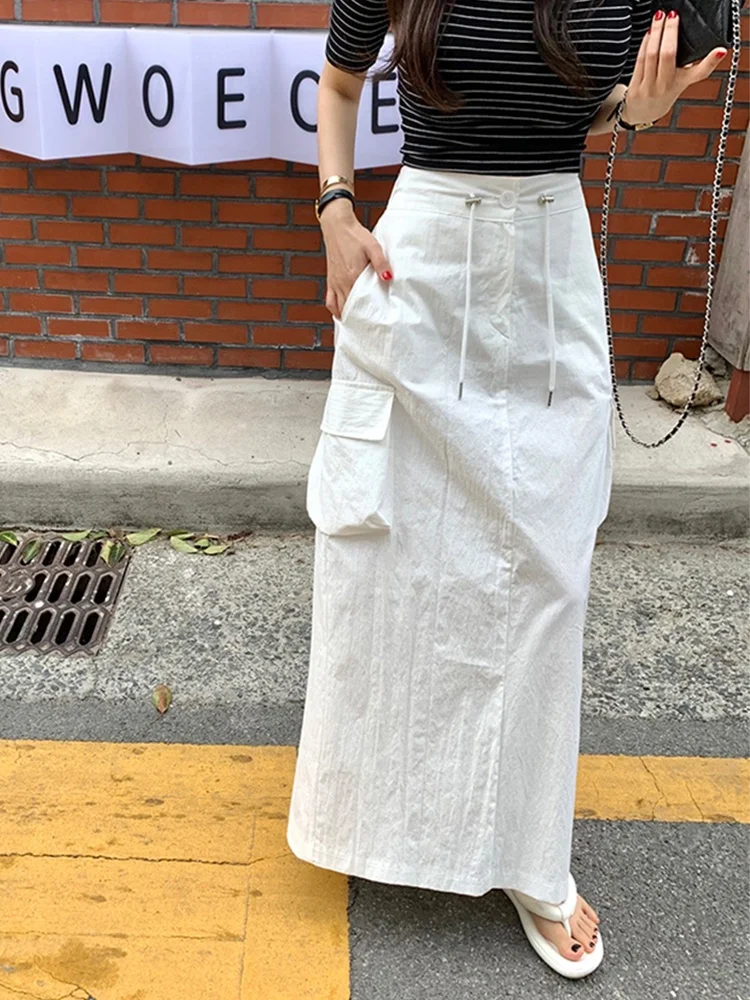 한국 시리즈 세련된 여름 틈새 다용도 디자인 Drawstring 레이스 업 허리 포옹 슬리밍 대형 포켓 카고 스커트 여성