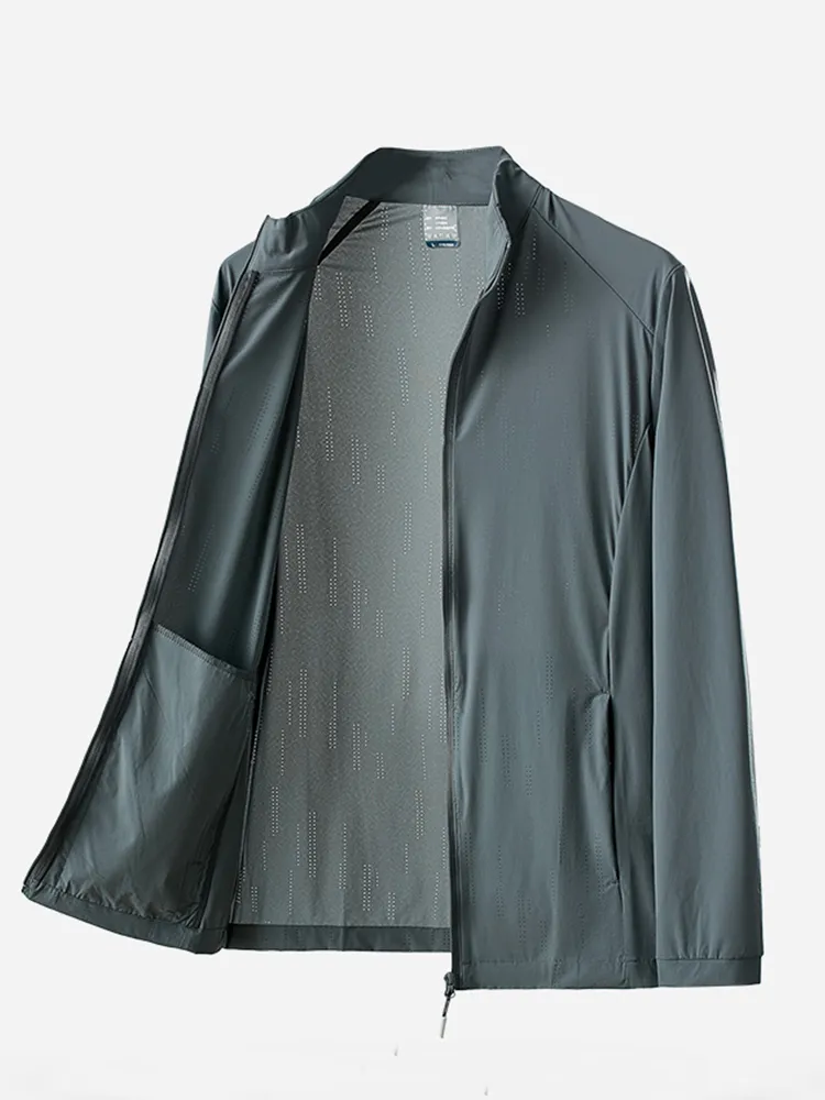 여름 UPF 40 + UV 차단 남성용 스킨 코트, 스탠드 칼라, 통기성, 가볍고 얇은 시원한 자외선 차단 의류, 캐주얼 재킷, 플러스 사이즈 8XL