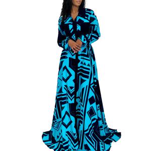 여성용 아프리카 긴 소매 V넥 프린트 드레스, 화이트 블루 옐로우 폴리에스터, 아프리카 의류, 가을