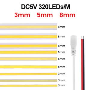 고밀도 유연한 리본 로프 테이프 캐비닛 조명, COB 스트립, FOB LED 라이트 바, 320Leds/m, 3000K, 4000K, 6000K, 5V, 12V, 3mm, 5mm, 8mm