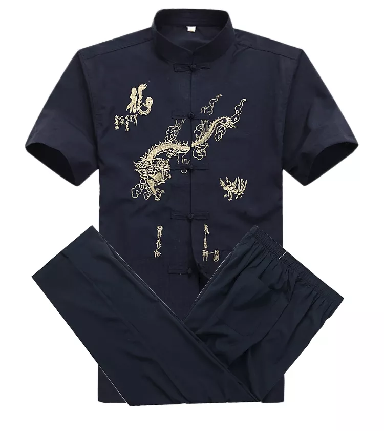 중국 남성 코튼 쿵푸 정장 자수 우 슈 유니폼 태극권 의류, 반팔 셔츠 + 바지 M L XL XXL XXXL MS013