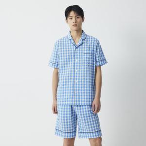 남 50수 코튼 시어서커 멀티체크 5부 파자마 세트(LIGHT BLUE / DARK NAVY)