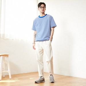 [by STCO] 남성 블루 립 포인트 스트라이프 반팔 티셔츠