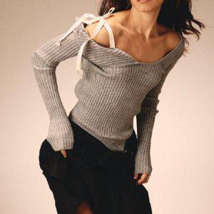 레이스 업 니트 탑 언밸런스 오프숄더 여성 슬림핏 골지 스웨터 아이돌 착용