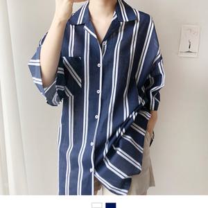스트라이프 린넨 여자 오픈카라 반팔셔츠 데일리 캐주얼 남방