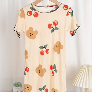 여름 소녀 캐주얼 드레스, 어린이 소녀 베이비 반팔 긴 티셔츠, 귀여운 과일 곰 패턴의 어린이 잠옷, 롱 스커트 파자마