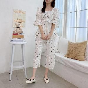 [신세계라이브쇼핑][옷자락] 여자 봄 홈웨어 크림 도트 파자마 코튼 잠옷