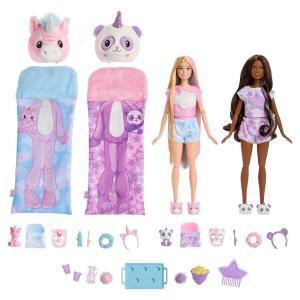 Barbie 큐티 리빌 선물 세트, 인형 2개와 애완동물 2개, 아늑하고 귀여운 티셔츠 파자마 파티, 35개 이상의