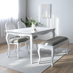 [피어젠]린 프렌치 엔틱 포세린 세라믹 4인용 식탁 + 아이린 라탄 의자 벤치 세트