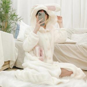 [하프클럽 옷자락]여자 겨울 토끼후드 도톰 극세사 원피스 수면 잠옷