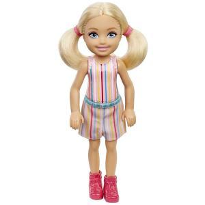 Barbie 첼시 인형 금발 땋은 머리와 파란 눈을 가진 작은 탈착식 스트라이프 드레스 및 핑크 부츠 바비