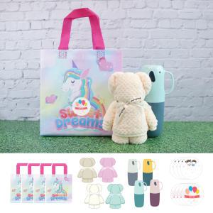 [4세트]유치원 어린이집 생일 고리 수건 대+칫솔케이스+유니콘 타포린 가방(소) 어린이날 학교 단체 선물
