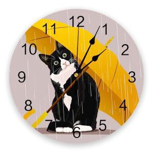우산 노란색 벽시계 고양이 벽시계 디자인 원형 실내