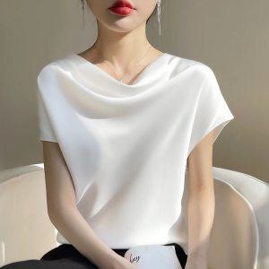 라인댄스복 상의 줌바 실크 여성 티셔츠 여름 크루 넥 반팔 캐주얼 단색 하단 느슨한 풀오버 옷 5XL