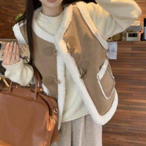 [신세계라이브쇼핑][옷자락] 여자 겨울 따뜻한 무스탕 카멜 양털 베스트 조끼
