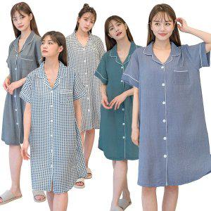 [우일] 여성 여름 인견 체크 반팔 카라 셔츠원피스 홈웨어 잠옷