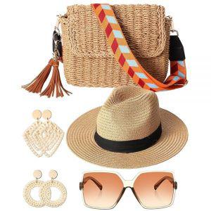 Glitopper 5피스 밀짚 비치 백 및 넓은 챙 햇빛 차단 모자 라탄 보헤미안 귀걸이 선글라스 세트 여름 숄더