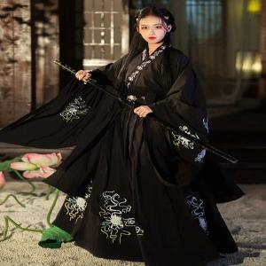 현대 한푸 여성 기모노 당나라 스타일 한복 코스프레 레트로 요정 공주 블랙 레드 정장 중국 전통 드레스